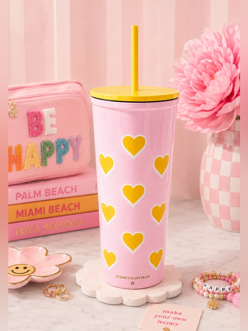 Stoney Clover Lane Pink Hearts Metal Tumbler with Heart Straw Sippy Travel Cup